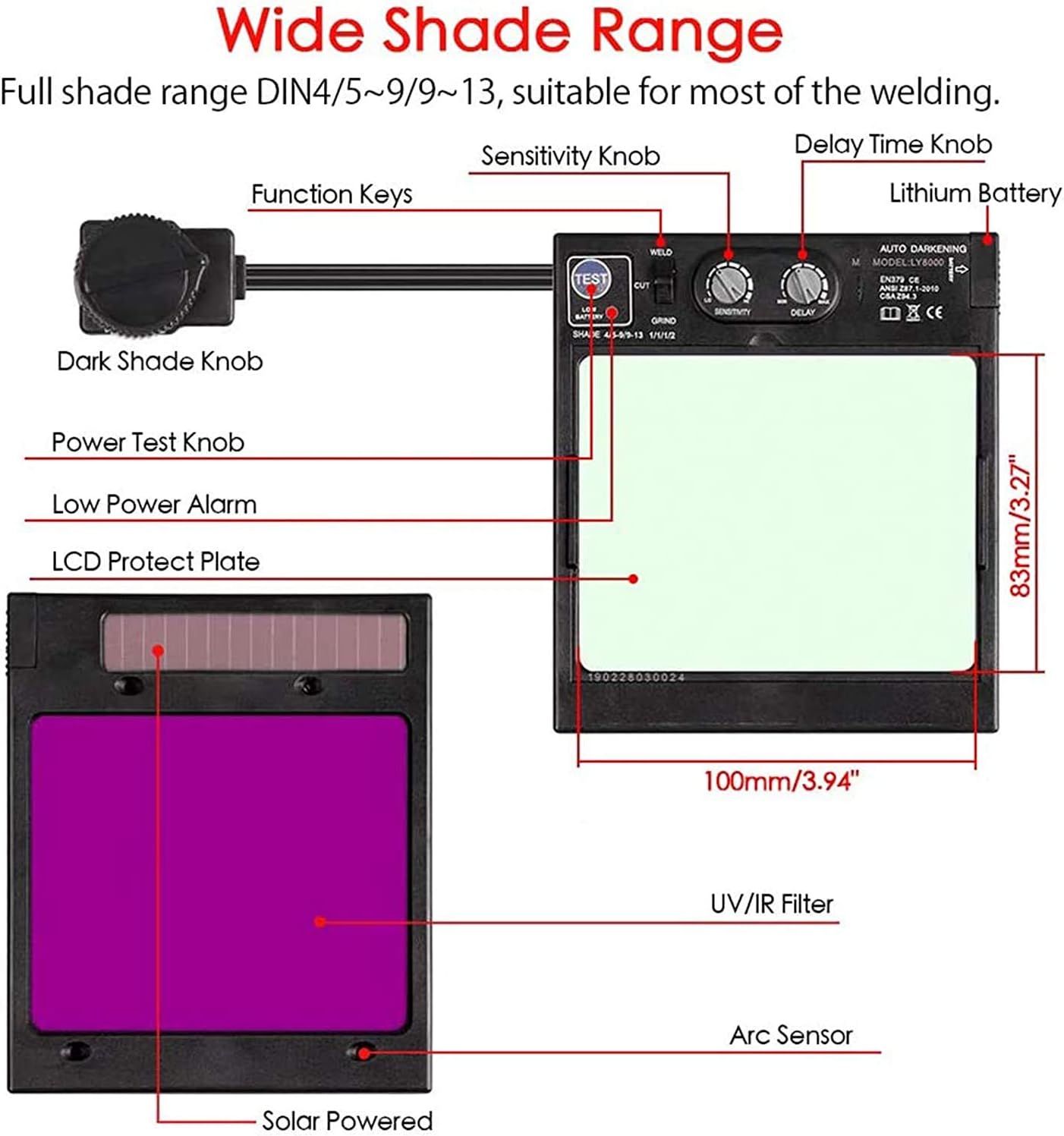 TEKWARE Large Viewing True Color Solar Powered Auto Darkening Welding Helmet, Hemispherical 4C lense, 4 Arc Sensor Wide Shade Range 4/5-9/9-13 Luminous Welder Mask for Mig Tig Arc Grinding Plasma