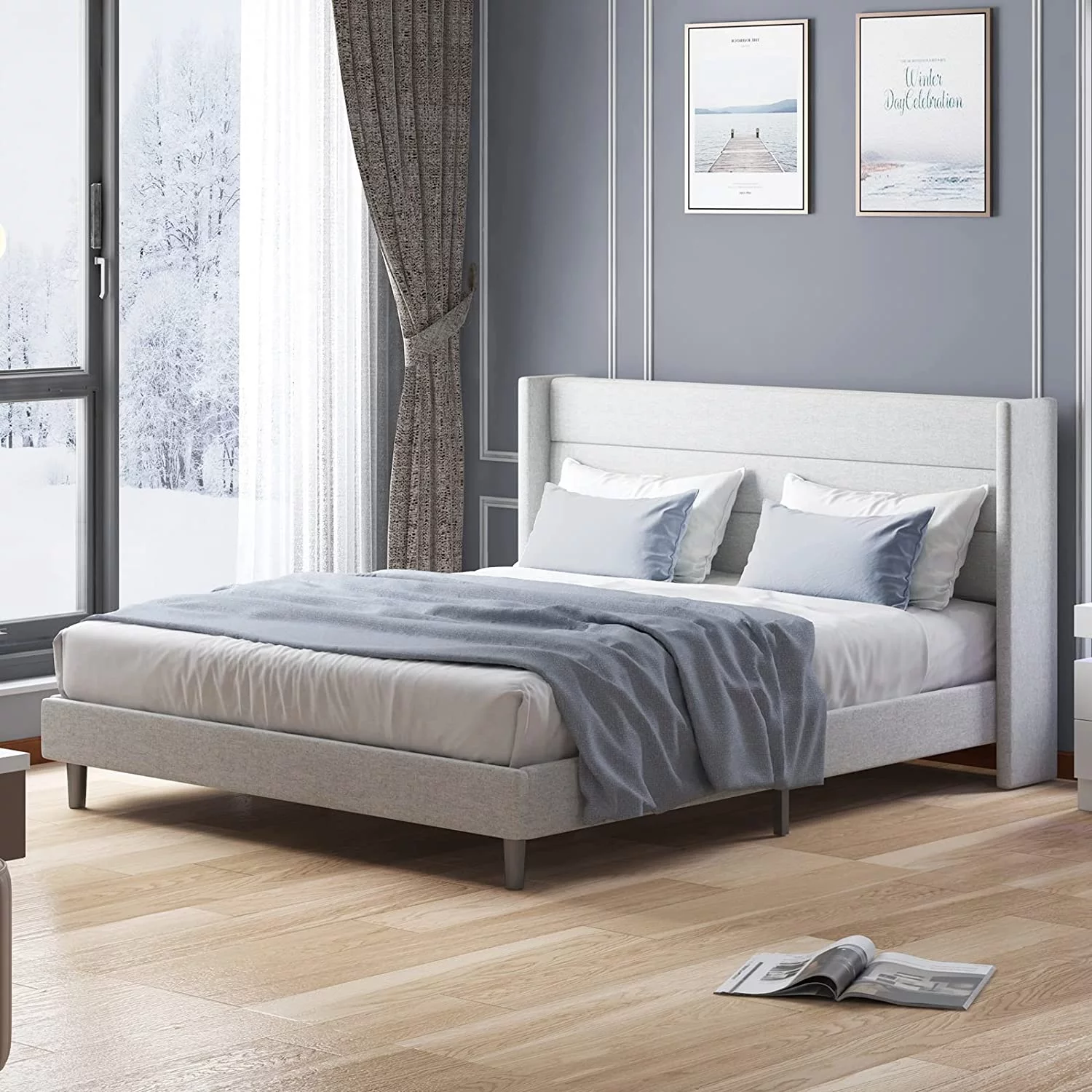 Mjkone Platform Bed Frame, Full Size Bed Frames with Headboard, Modern Bed Frame Has Wooden Slat Support, No Box Spring Needed/Easy Assembly/No Mattress(Full, Light Grey)
