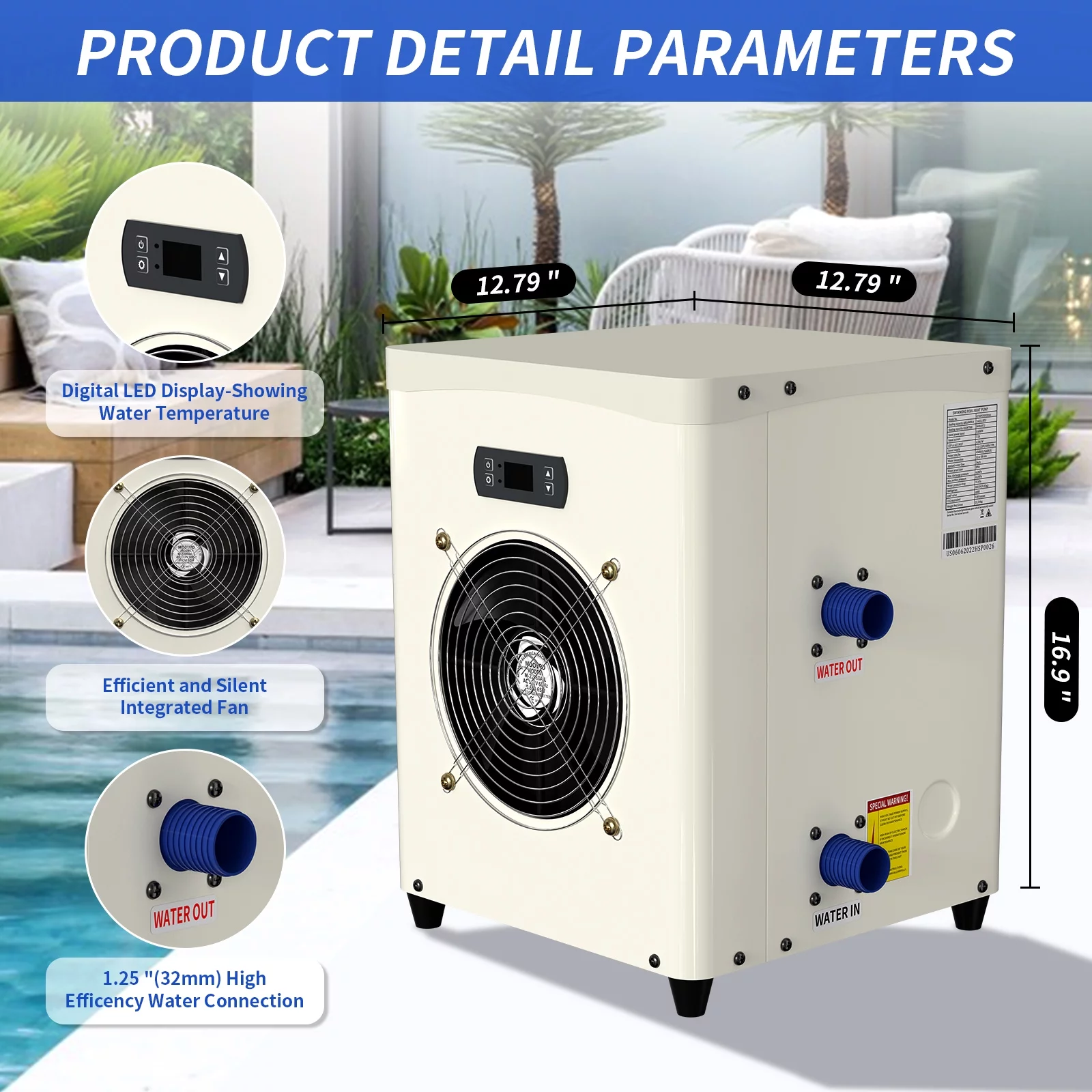 Slsy 14331 BTU Mini Swimming Pool Heat Pump for Above-Ground Pools, Electric Pool Heater with Titanium Heat Exchanger, 110V 60Hz
