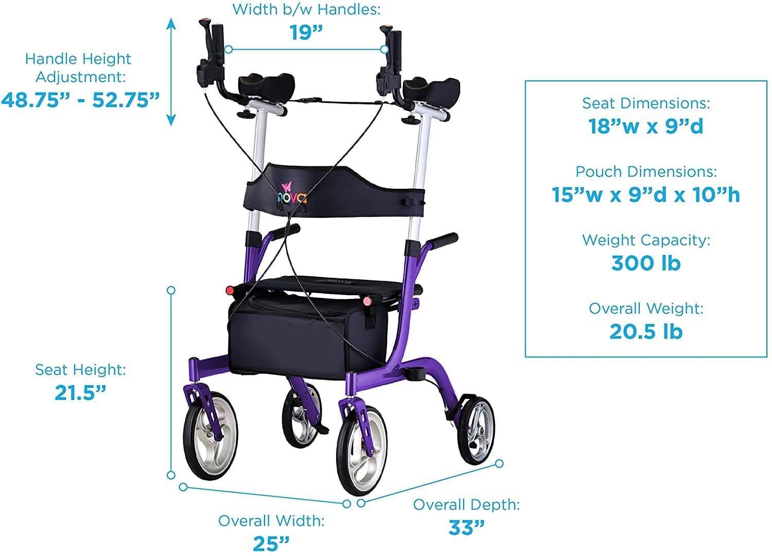 Nova Medical Phoenix Rise Up Rollator - Upright Rolling Walker - Purple