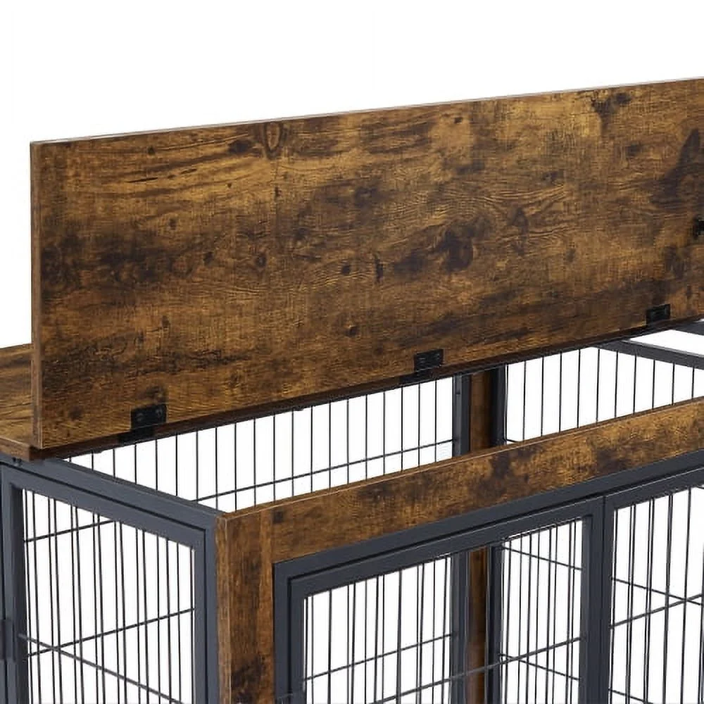 Schnappi Furniture Style Dog Crate Side Table on Wheels with Double Doors and Lift Top.（Rustic Brown,43.7’’w x 30’’d x 31.1’’h）