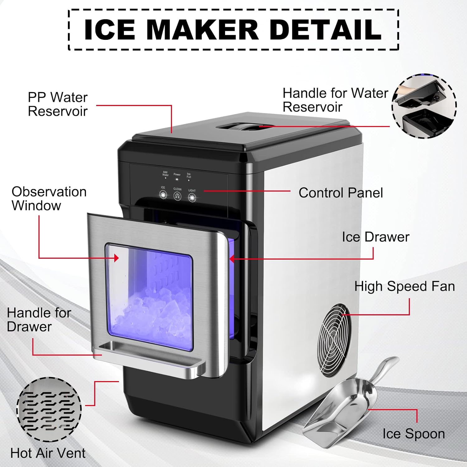 COSTWAY Nugget Ice Machine, 44 LBS Per Day, Built in Self-Cleaning Function, Intelligent Control Panel, Compressor, Include Ice Scoop, Portable and Compact Countertop Ice Maker for Party, Kitchen