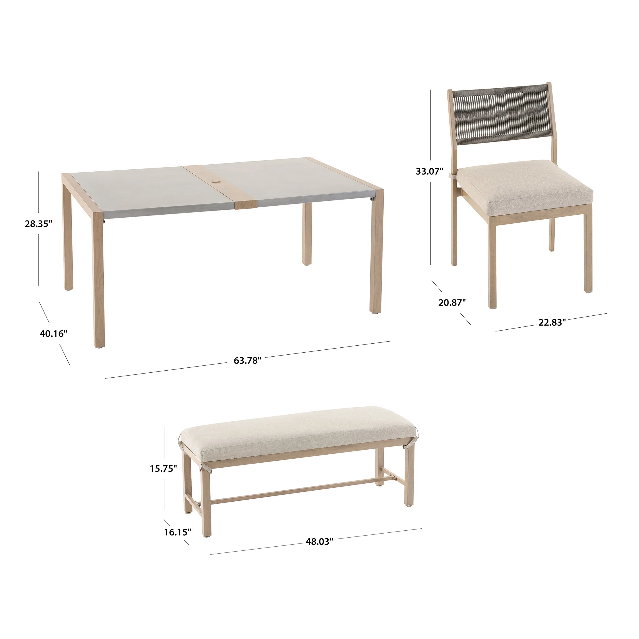 Better Homes & Gardens Tarren 6-Piece Steel Outdoor Dining Set with 4 Chairs, Bench, Table and Cushions, Gray/Tan