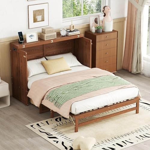 Queen Murphy Bed Cabinet, Murphy Bed Queen with Storage Drawer & Charging Station, USB Port, Solid Pine Wall Beds for Home Office, Studio or Guest Room, White