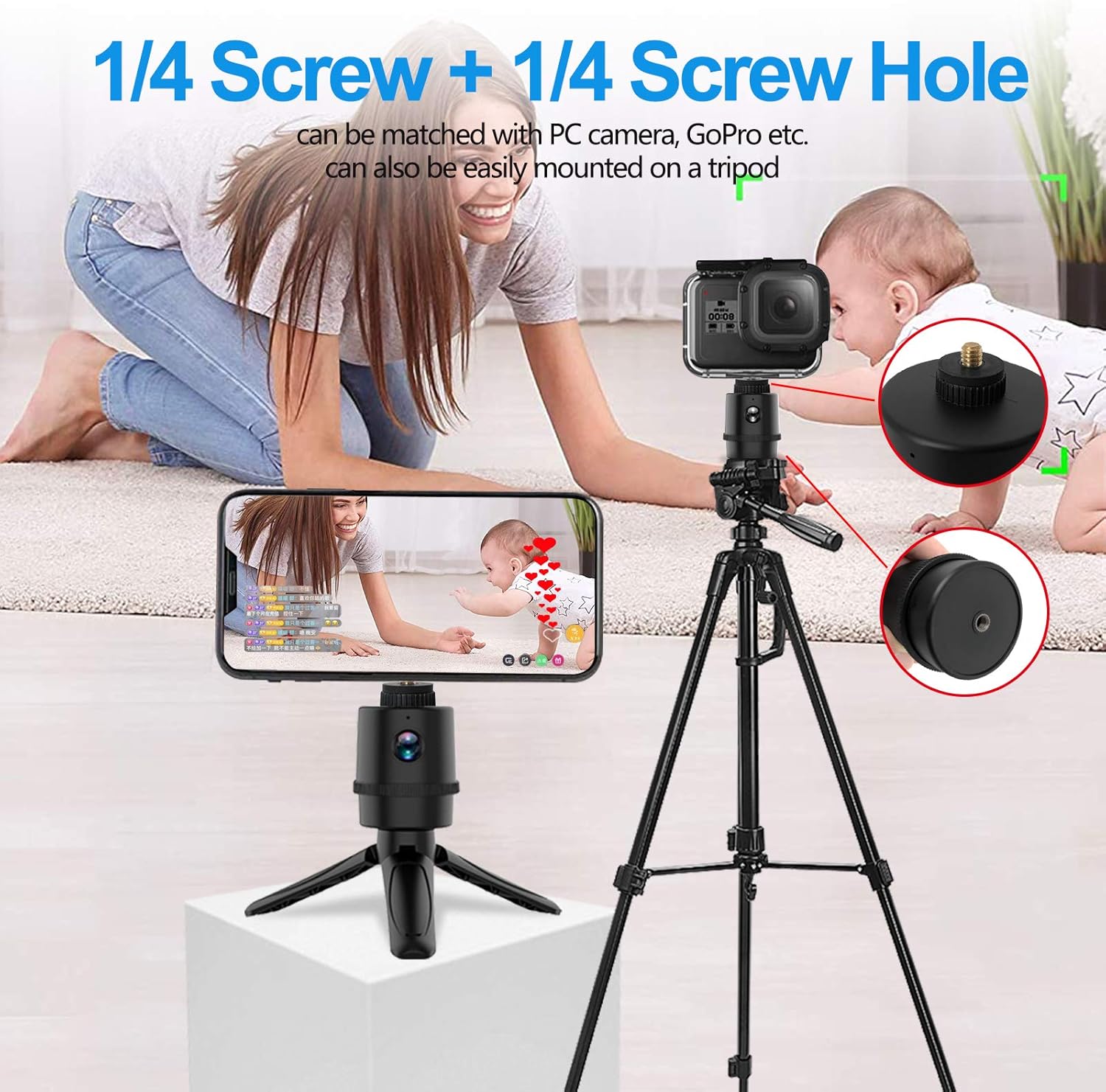 SWYJO Auto Face Tracking Gimble 1080P Webcam with Strong Magnetic Phone Holder and Tripod, PTZ Camera Plug and Play 360° Rotation Shooting Moving Videos for Vlog, Live Streaming, TIK Tok Pack of 2