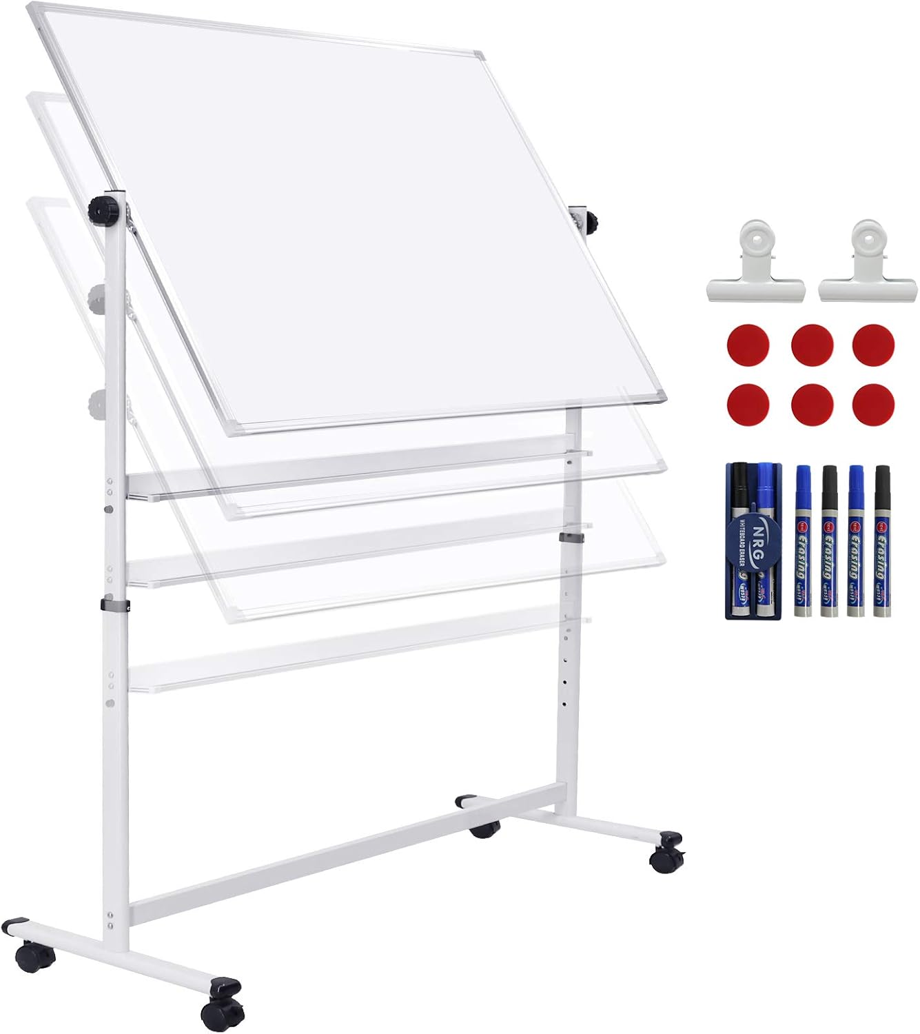 Mobile Whiteboard with Stand - 48x36 Height Adjustable Double Sided Dry Erase Board, 360° Rolling Large White Board on Wheels, Magnetic Whiteboard with Pen Tray for Meeting, Training by CALENBO