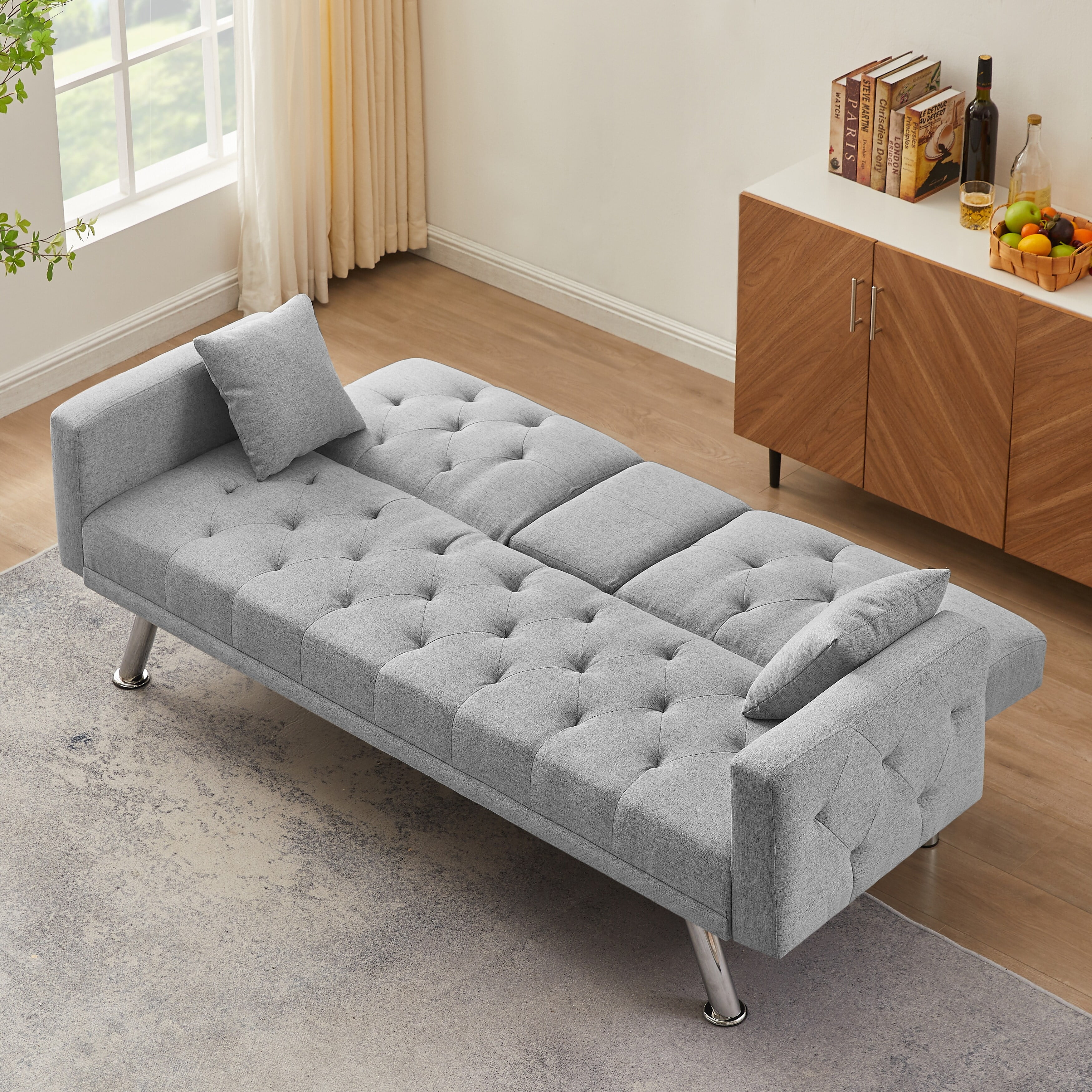 Yangming 76 Inch Futon Sofa Bed with Cup Holders, Linen Convertible Folding Futon Couch with Adjustable Backrest and Throw Pillows Green