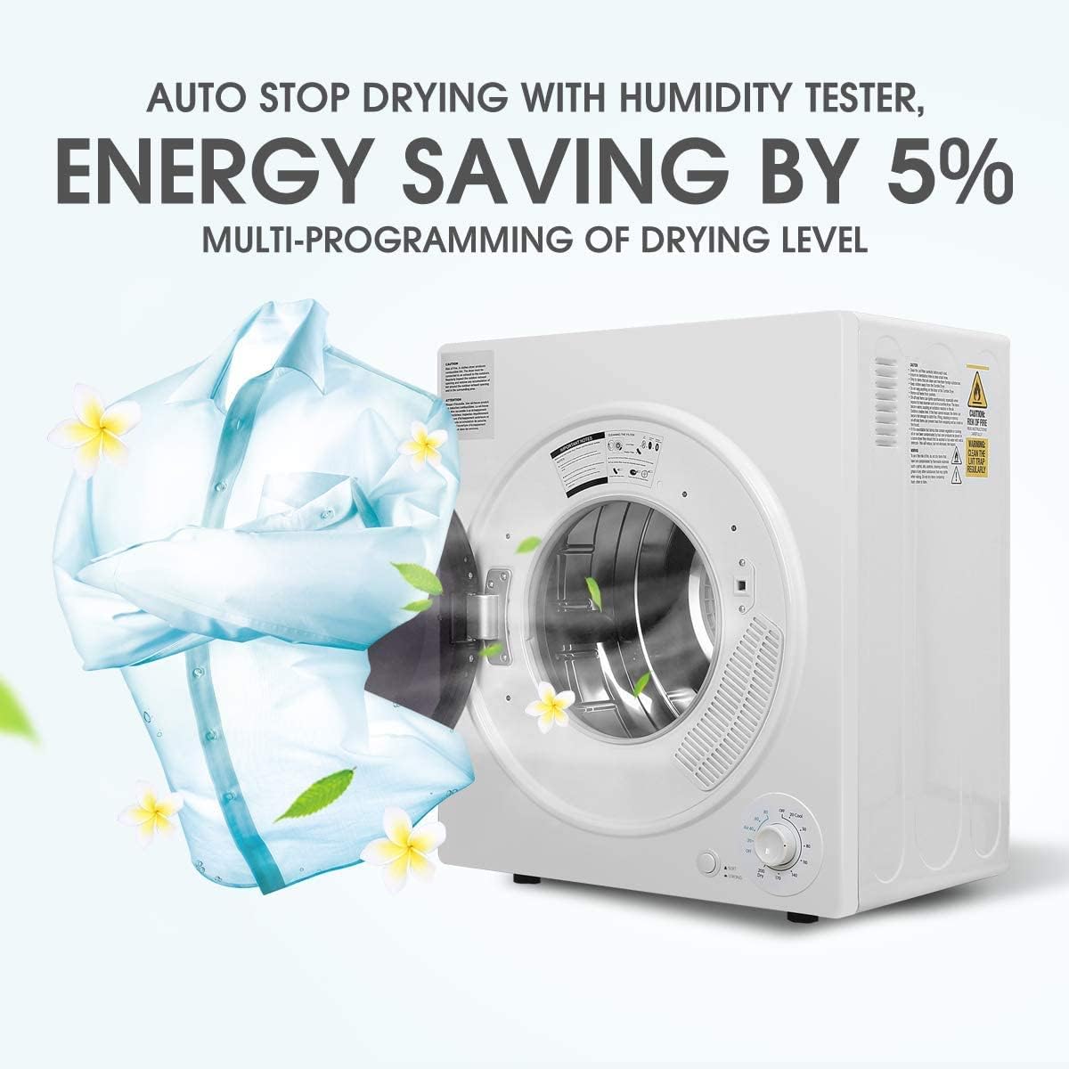 Compact Laundry Dryer, 3.5 Cu. Ft. 1500W Electric Portable Clothes Dryer with Stainless Steel Tub, Control Panel Downside Easy Control for 4 Automatic Drying Mode, White
