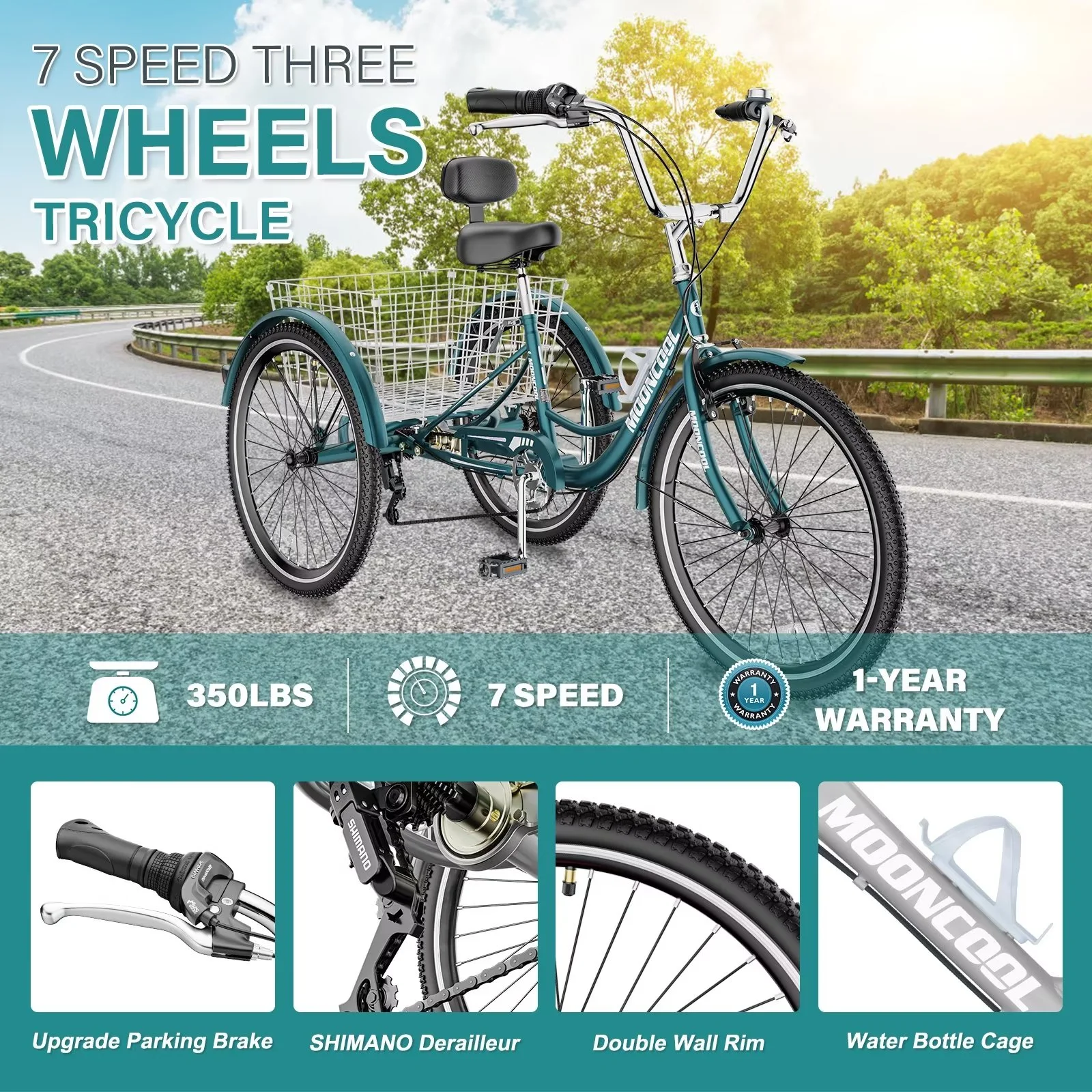 MOPHOTO Adult Tricycles 3 Wheel 7 Speed Trikes, 20/24/26 inch with Big Basket for Shopping, Picnics Exercise Men's Women's Senior's Trike