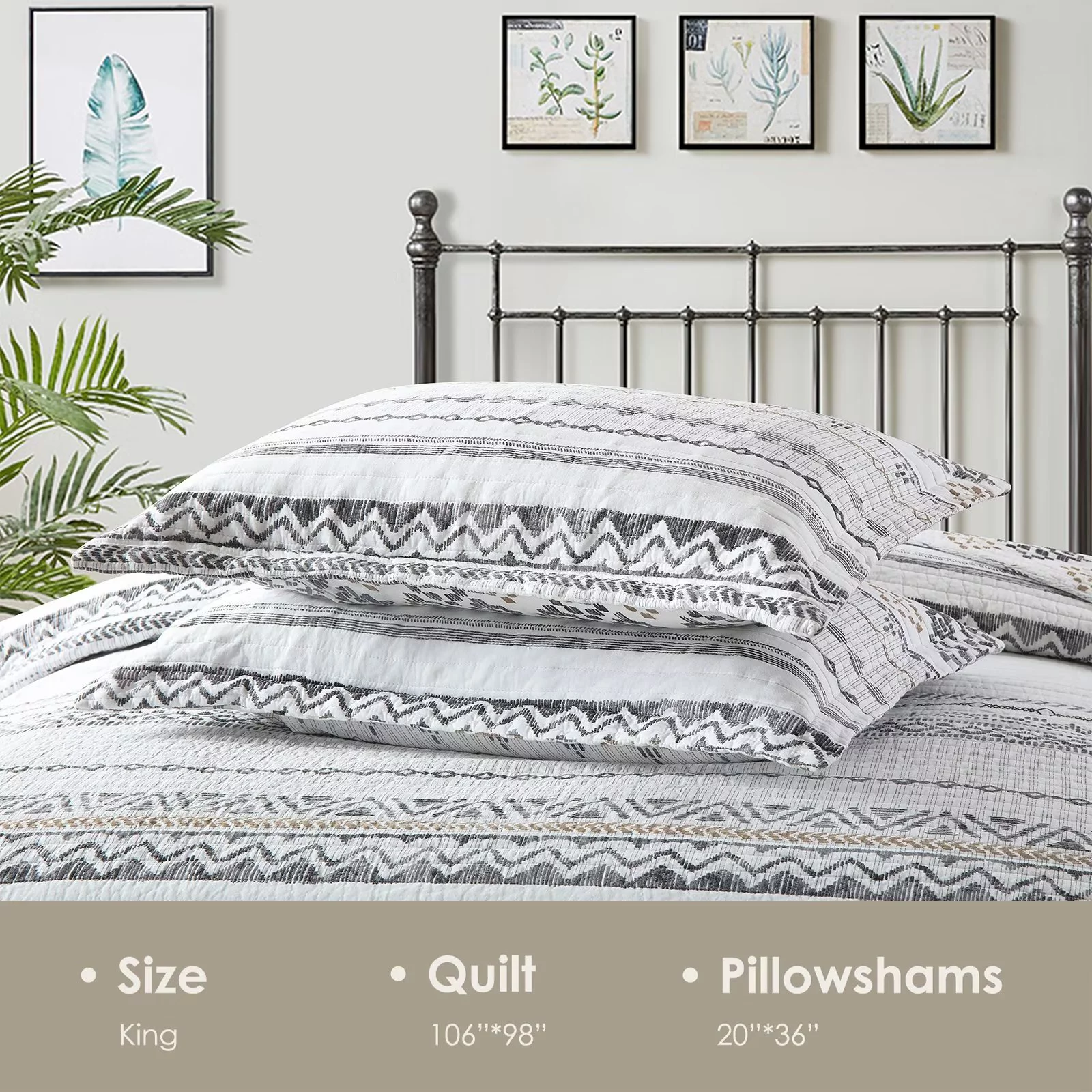 Bedduvit 100% Cotton King Size Quilt Set - Bohemian White & Charcoal Geometric Striped Quilt King, Boho Breathable Bedspread for All Season, 3-Piece Lightweight Summer Comforter Bedding Set, 98"x106"