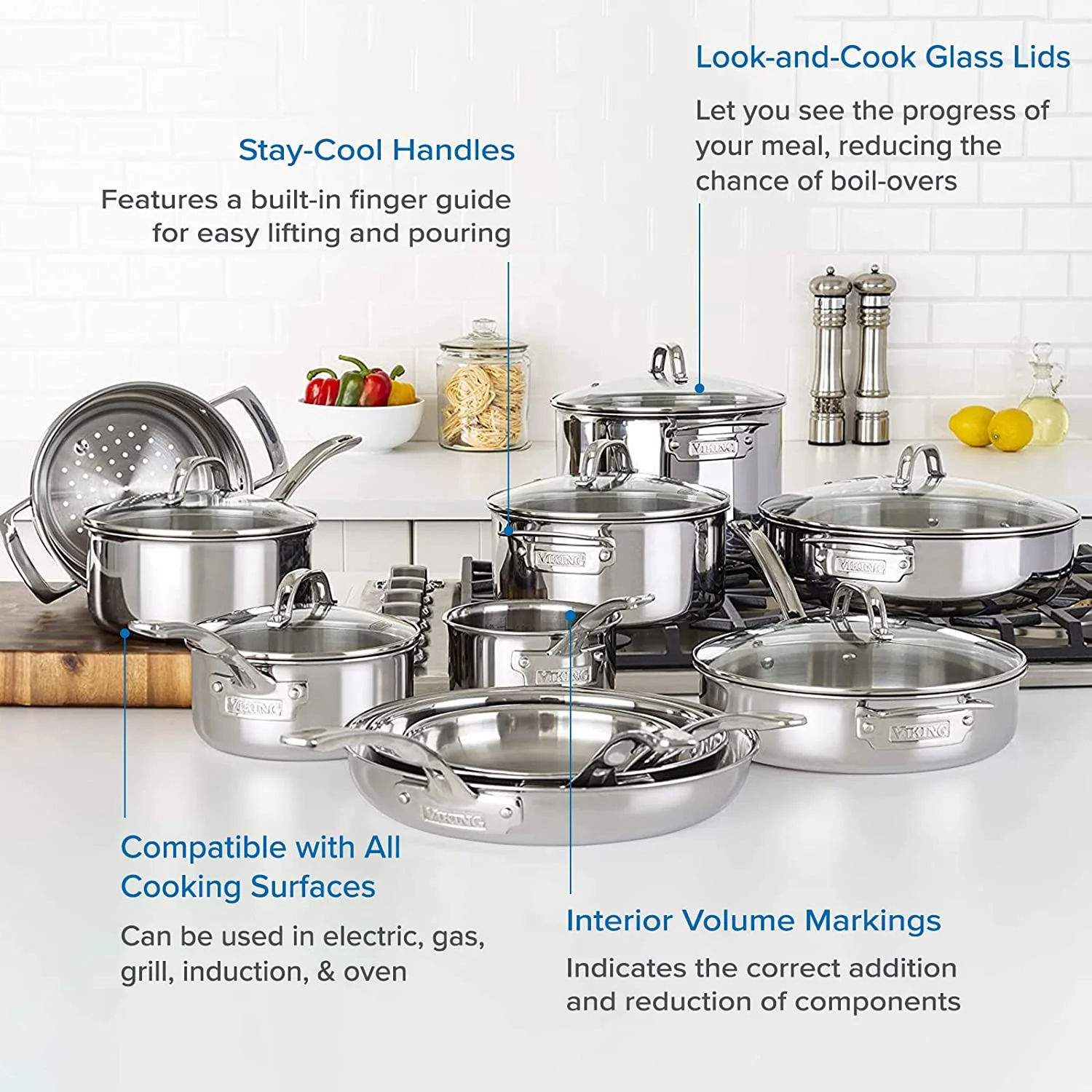 durable Viking 3-Ply 17pc Stainless Steel Cookware Set with Glass Lids