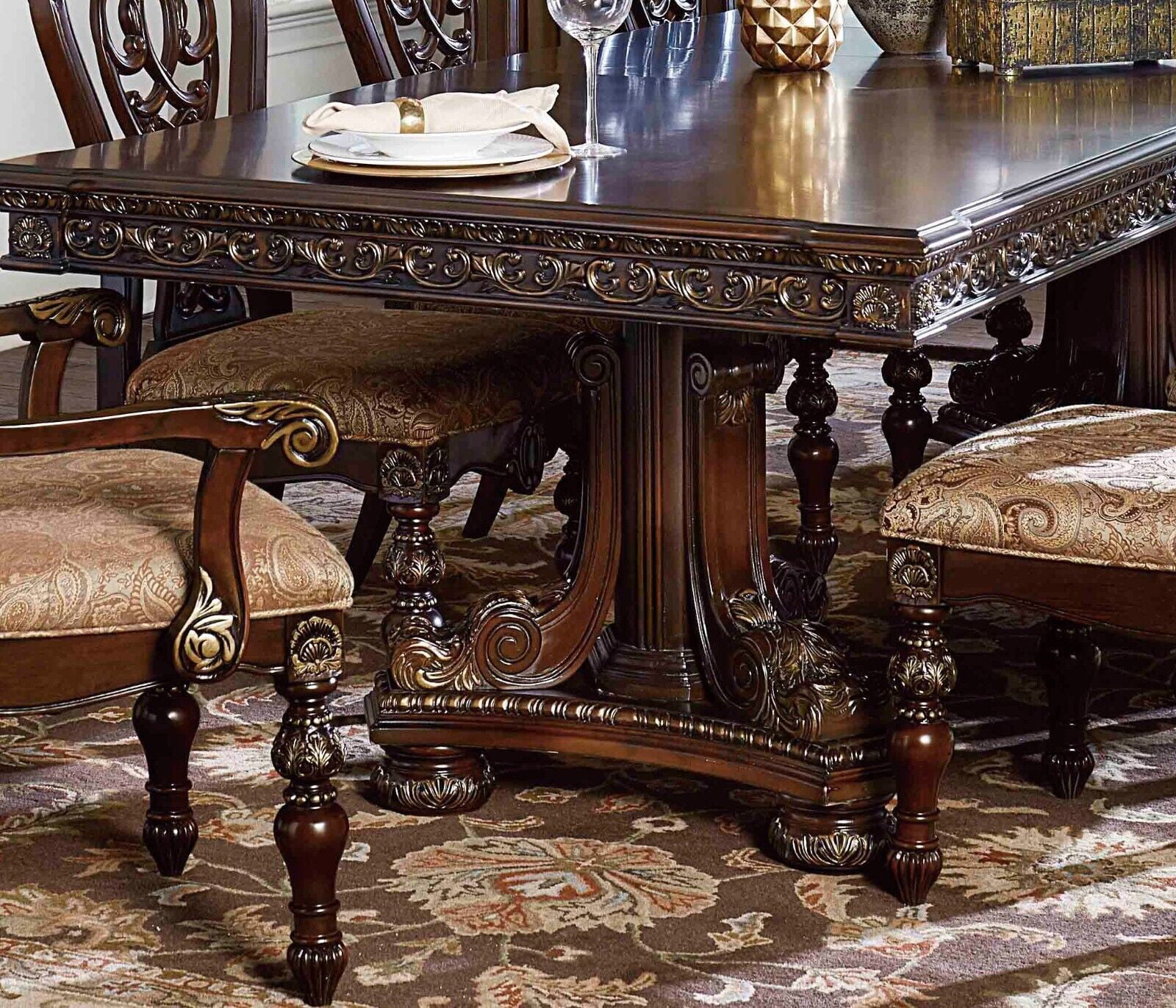 Formal Traditional Dark Cherry Finish Dining Set 5pc Dining Table 4 Side Chair 2x Extension Leaves Gold Tipping