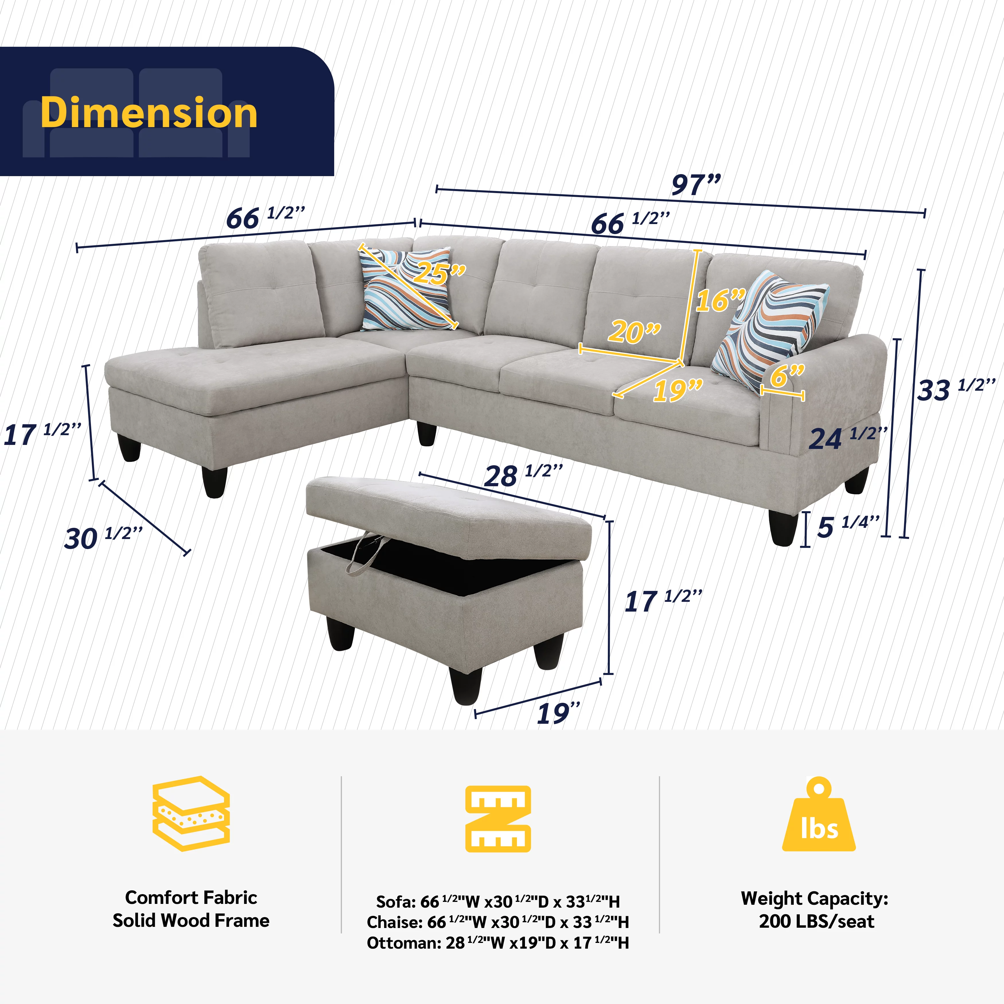 AYCP Furniture Sectional Sofa 3 Pieces L-Shape Sectional Sofa Set