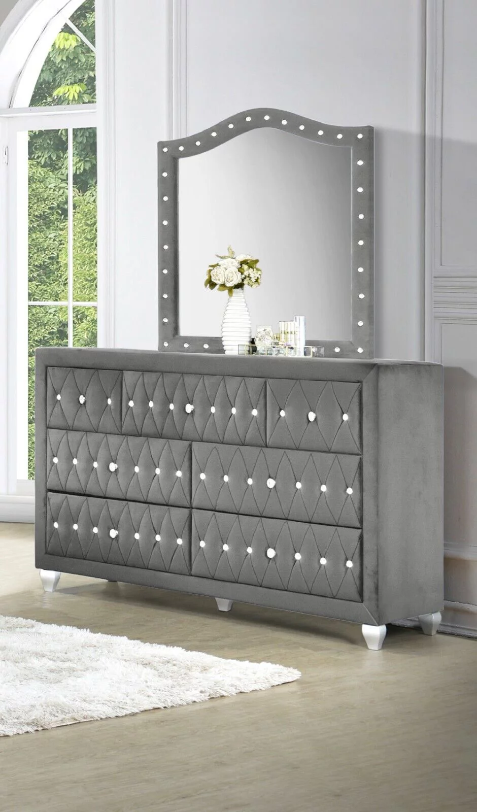 Modern 6Pc Queen Size Bed Dresser Mirror Nightstand Chest Set Master Bedroom Furniture Gray Velvet