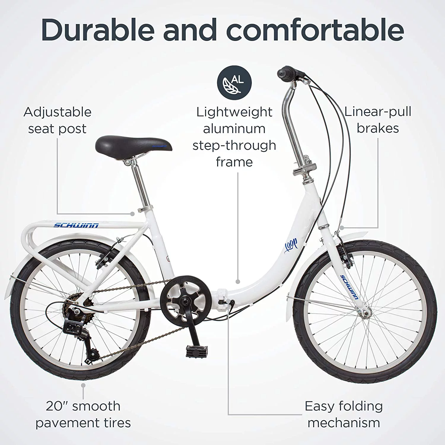Schwinn Loop Adult Folding Bike, 20 In. Wheels, Rear Carry Rack, White