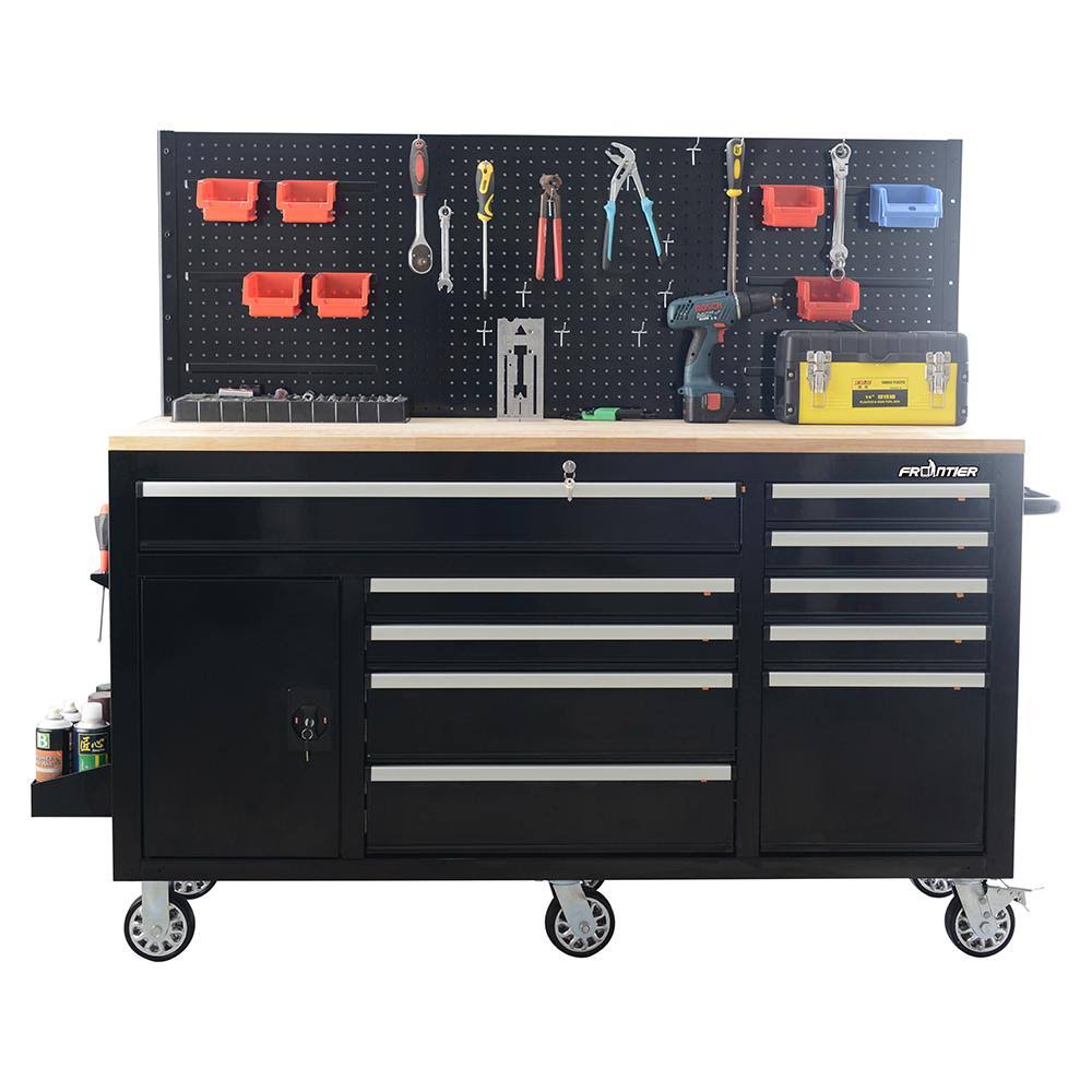 Frontier XTB6210B 62 in. 10-Drawer Tool Chest Cabinet with Pegboard Back Wall, Heavy Duty Mobile Workbench in Black