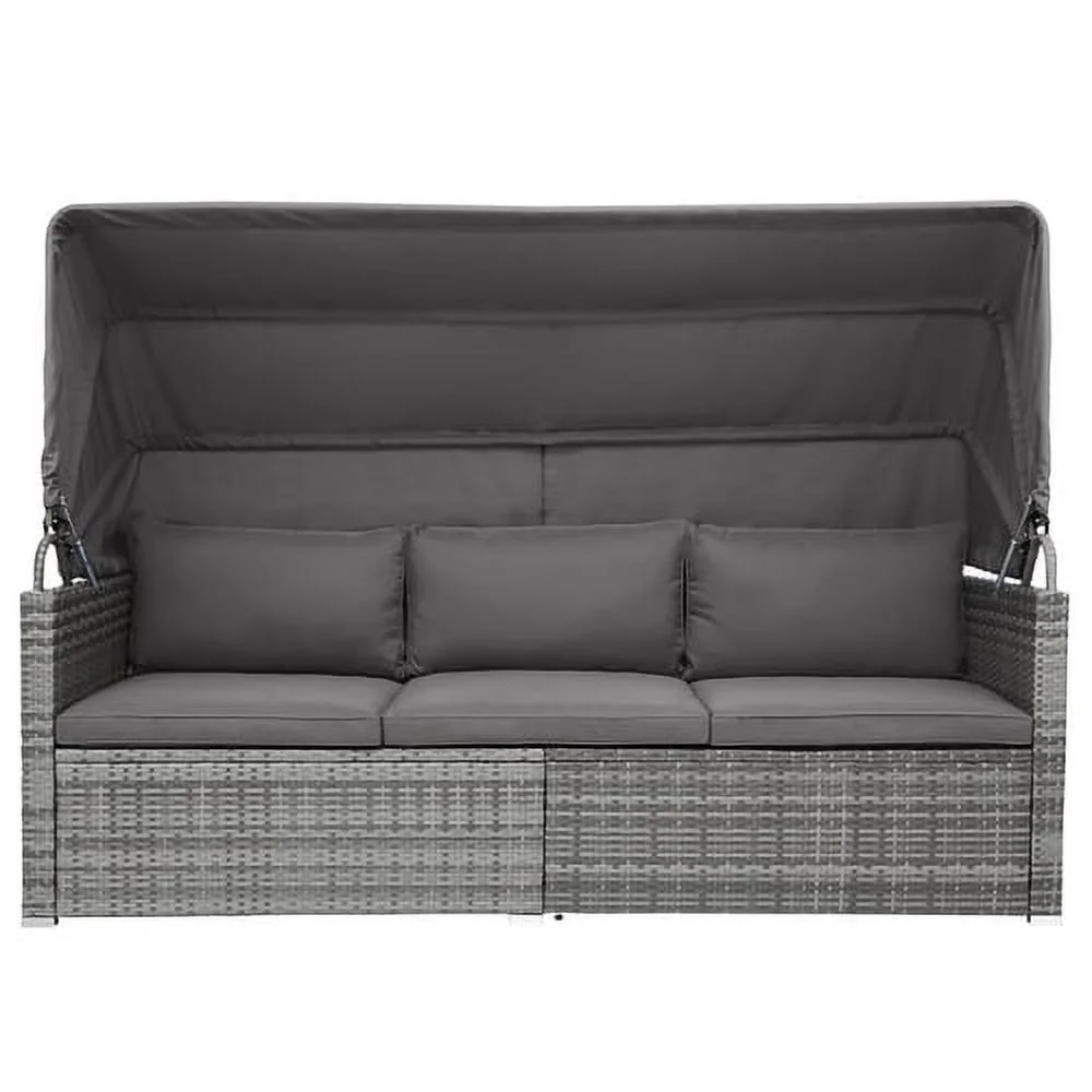 Churanty 5 Pieces Outdoor Conversation Wicker Furniture Set Sectional Patio Rattan Sofa Set Rattan Daybed with Canopy and Glass Side Table, Gray