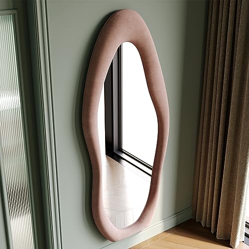 Honyee Full Length Mirror, 63" x 24" Wall Mirror, Flannel Wrapped Wooden Frame Floor Mirror, Irregular Wavy Mirror Hanging or Leaning Against Wall for Cloakroom/Bedroom/Living Room, Milk Tea