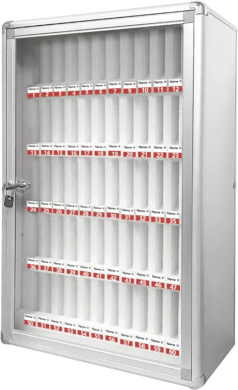 AIWFL Cell Phones Storage Cabinet 60 Slots Aluminum Alloy Cell Phones Holder Storage Box Mobile Phones Desktop Organizer Wall-Mounted Pocket Chart Storage Locker Box with a Lock for Classroom Office