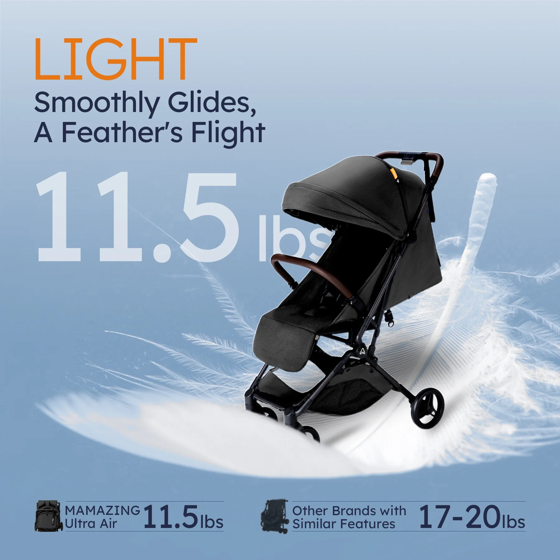 Mamazing Light Weight Baby Stroller, 11.5 lb Ultra Air Light Weight Foldable Carbon Fiber Baby Travel Compact Stroller for Plane