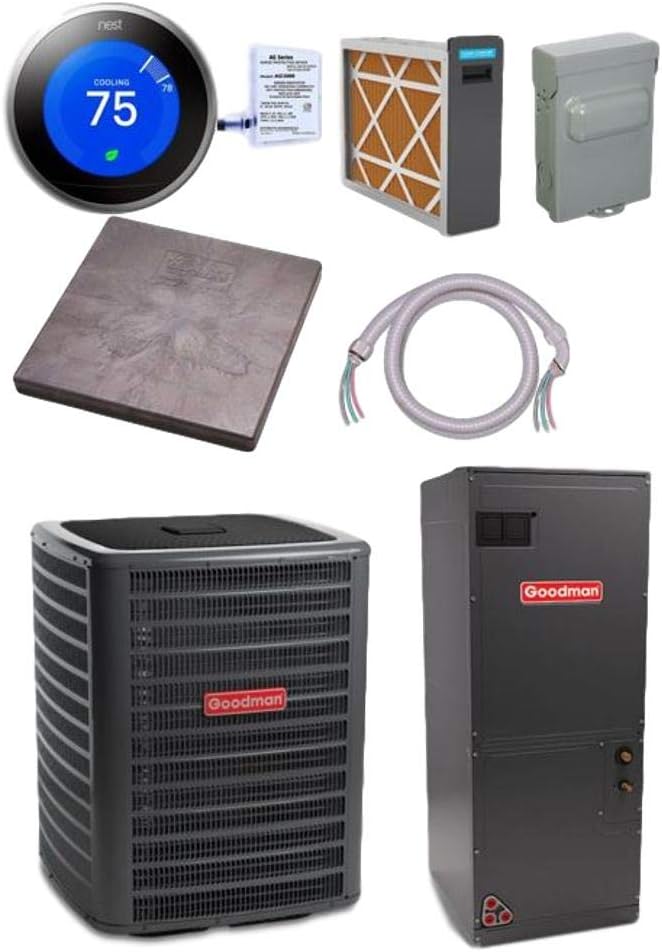 Goodman 4 TON 18 SEER Heat Pump Bundle (GSZC180481 AVPTC61D14)+Accessory Package of Whip, Disconnect, pad, Learning Thermostat and More!