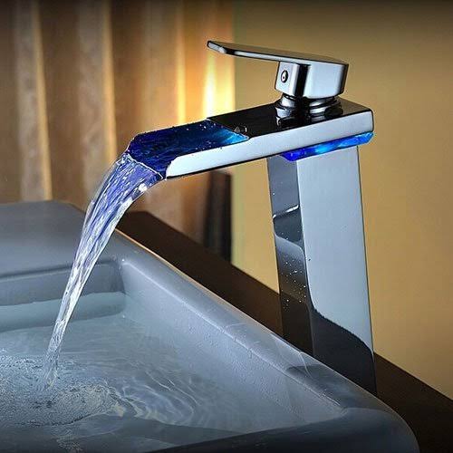 Wovier Chrome LED Water Flow Color Changing Waterfall Bathroom Sink Faucet,Single Handle Single Hole Vessel Lavatory faucet,bas