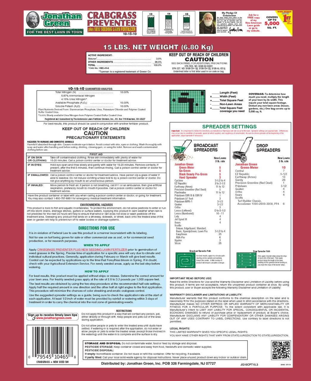 Jonathan Green 10465 Crabgrass Preventer Plus New Seeding Lawn Fertilizer, 15 lbs.