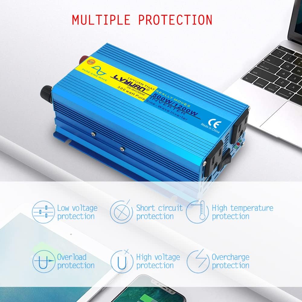 LVYUAN Pure Sine Wave Inverter 1600 Watts Inverter 12V to 110V DC to AC with Remote Controller, LCD Display 4 AC Sockets and 4 USB Ports for Car Truck Solar Power (PSW1600W-GREEN)