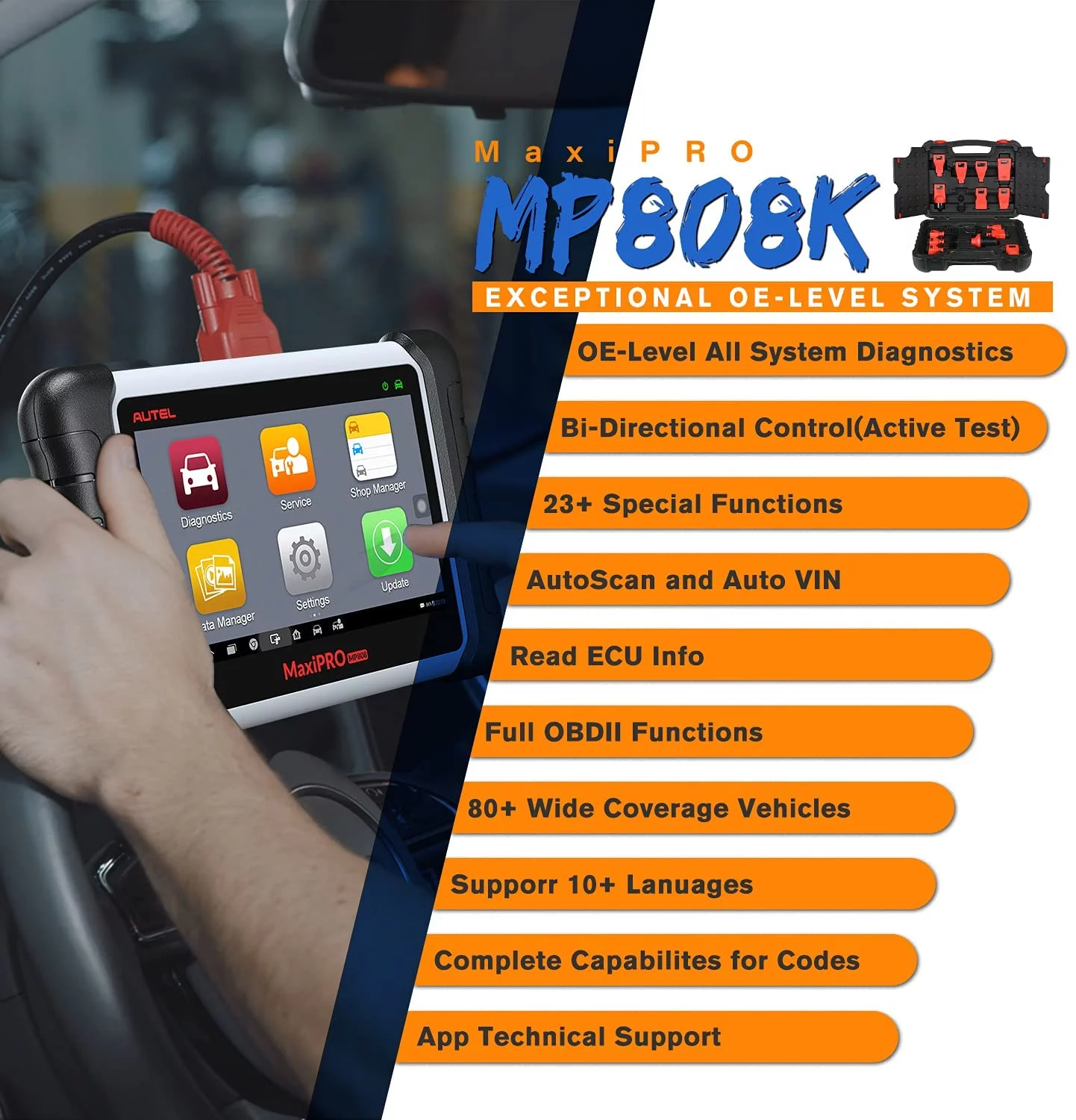 Autel Scanner MaxiPro MP808K Automotive Diagnostic Scan Tool with Bi-Directional Control and Full Set Connector with 2-Year Free Update