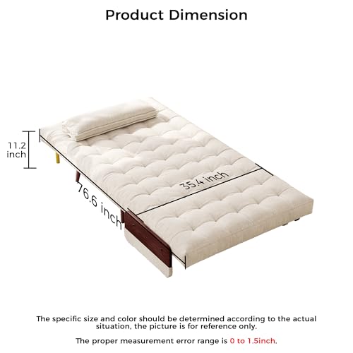 3-in-1 Convertible Chair Bed Sleeper for Adults, Linen Convertable Sleeper Chair with Wooden Arms & Pillows, Foldable Single Futon Sofa Bed (Mid Century with Walnut Arm, 36.6" Wide)