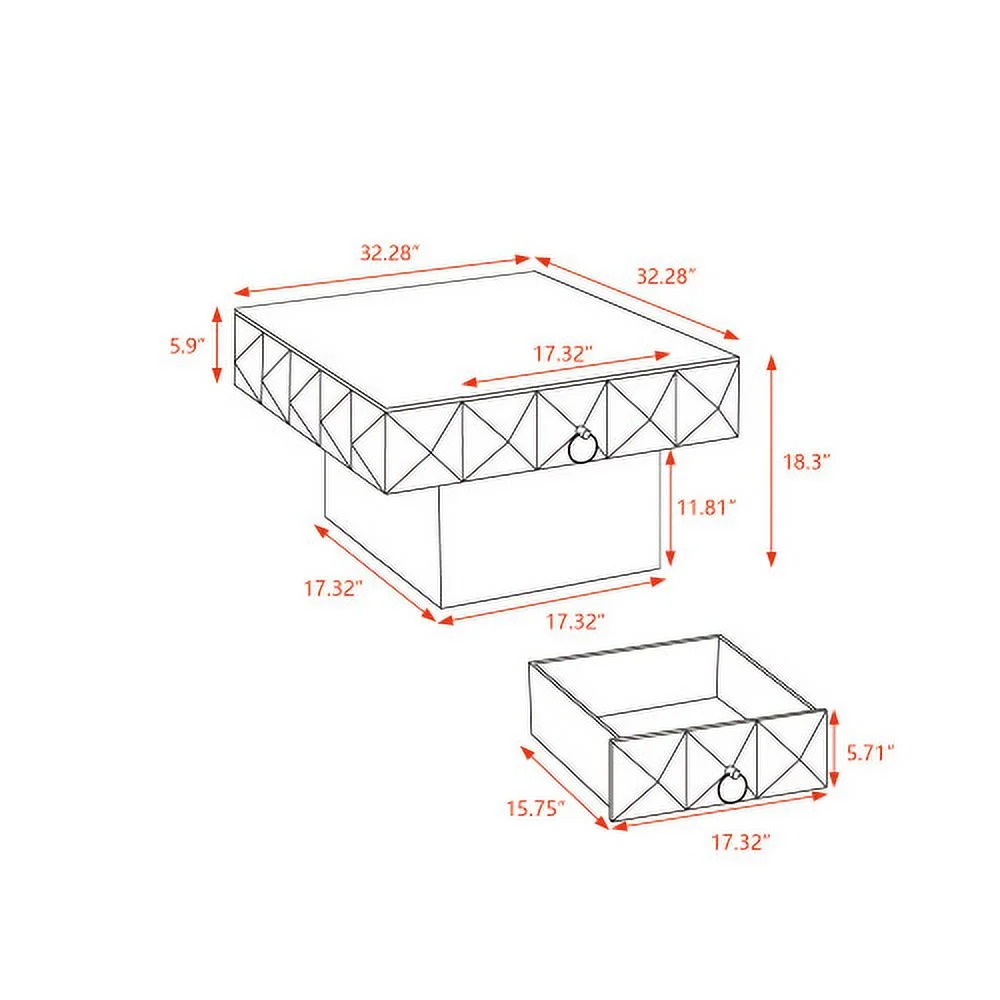 Motent 32.28"Three-dimensional Embossed Pattern Square Retro Coffee Table with 2 Drawers and MDF Base