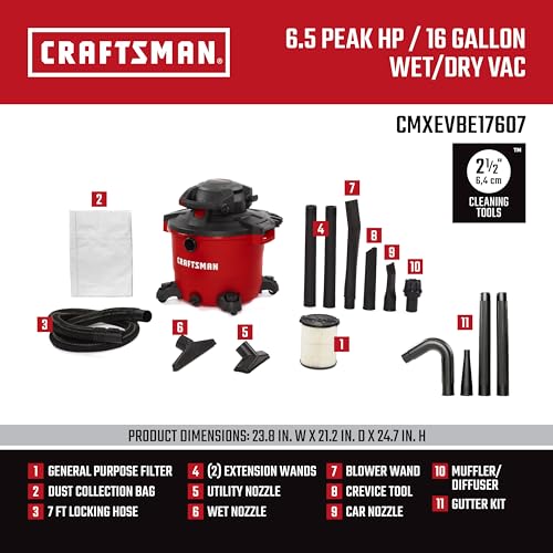CRAFTSMAN CMXEVBE17606 12 Gallon 6 Peak HP Wet/Dry Vac with Detachable Leaf Blower, Portable Shop Vacuum with Attachments