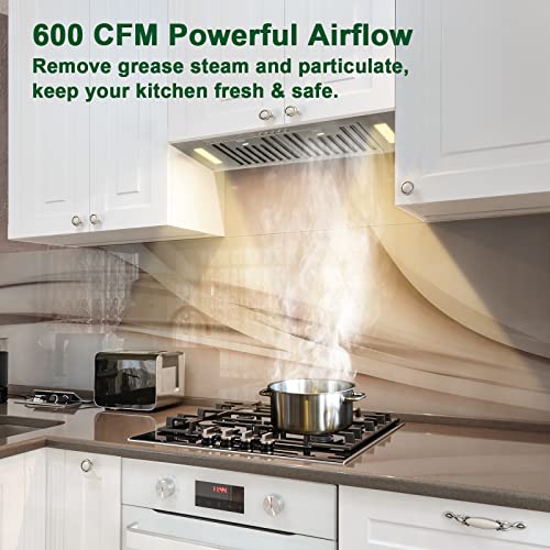 Range Hood Insert/Built-in30/ 36 inch,Ultra Quiet Powelful Vent Hood with LED Lights, 3 Speeds 600 CFM, Stainless Steel - Akicon