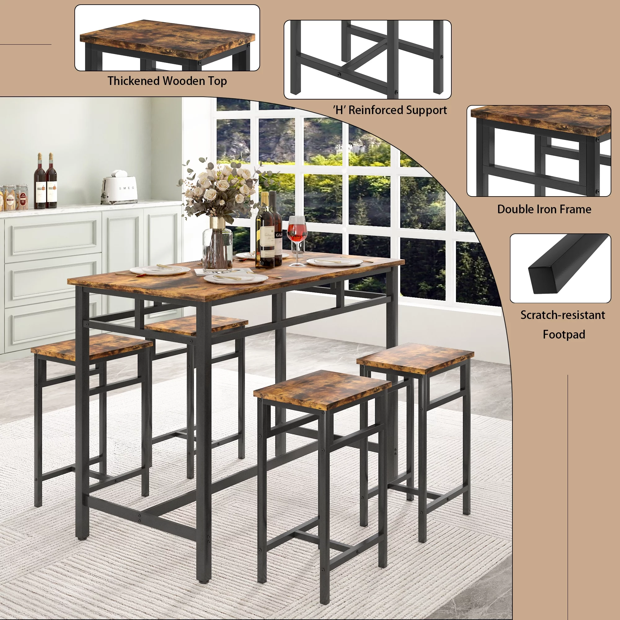 5 Piece Dining Table Set, Modern Pub Table Set with 4 Stools, Counter Height Bar Table Set, 4-Person Home Dining Table and Stools Set, Kitchen Table Set for Breakfast, Rustic Brown, D8997