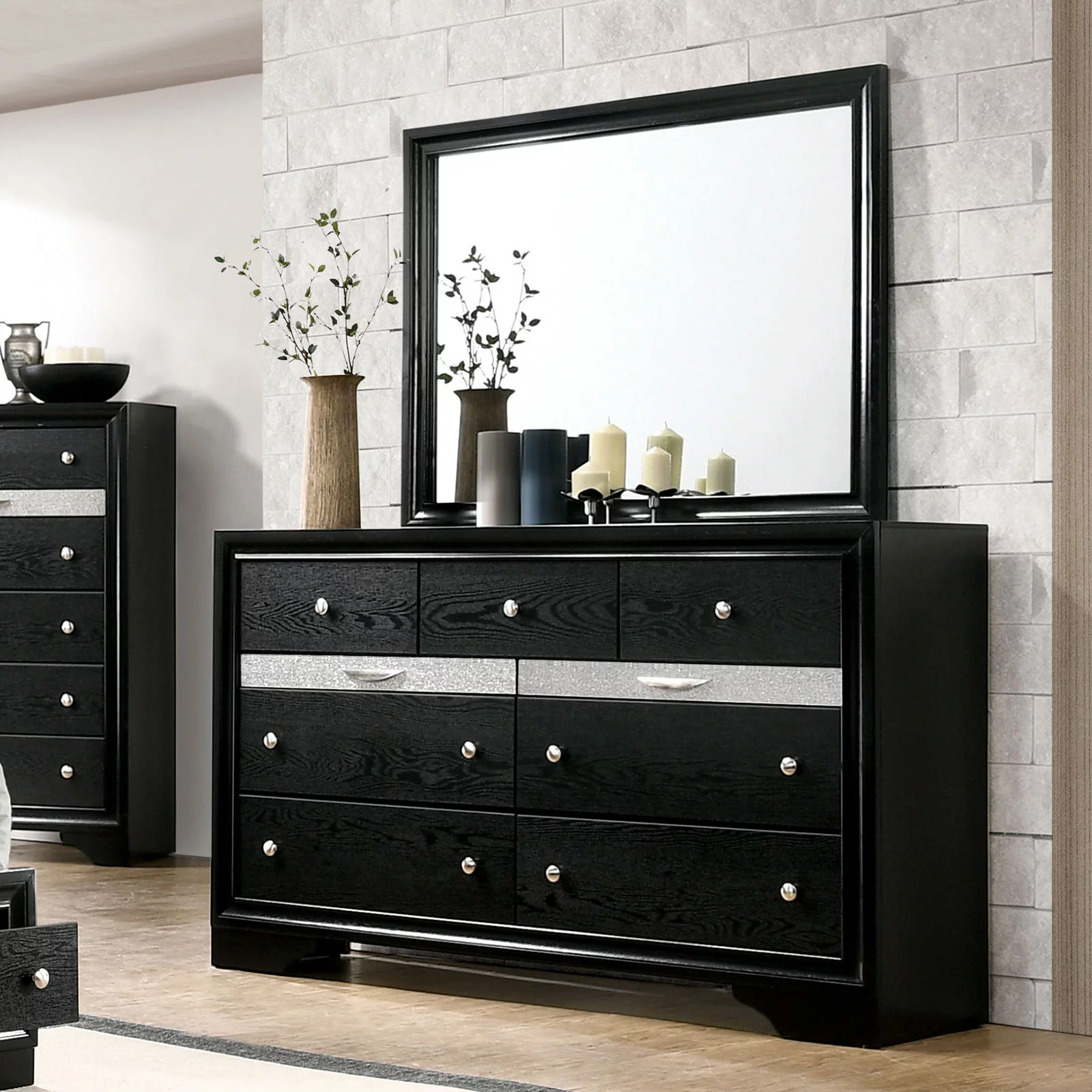Black Classic Queen Size Bed Panel HB Dresser Nightstand w Jewelry Tray Mirror 4pc Set Solid Wood Bedroom Furniture