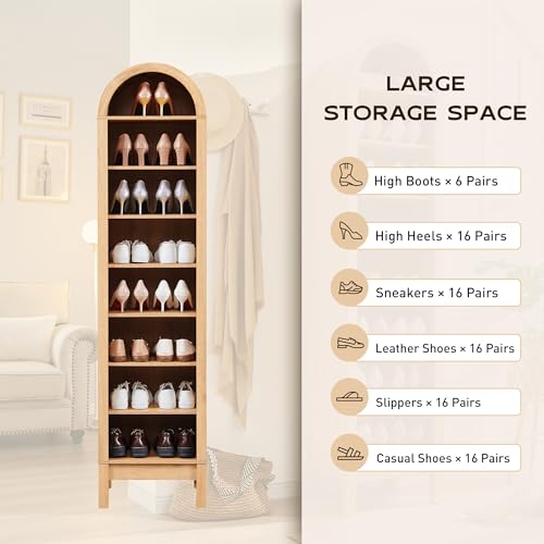 71" Tall Arched Bookshelf, 7 Tiers Arch Bookcase with Storage, Modern Farmhouse Book Shelf with Adjustable Shelves, Wood Bookshelf w/Open Display Shelves for Living Room, Office (Natural)