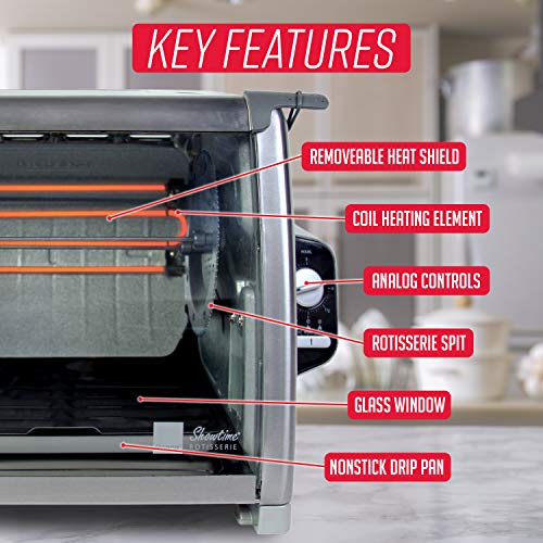 Ronco Showtime Large Capacity Rotisserie & BBQ Oven Modern Edition, Simple Switch Controls, Silicone Door Tie, Auto Shutoff, Includes Multipurpose Basket