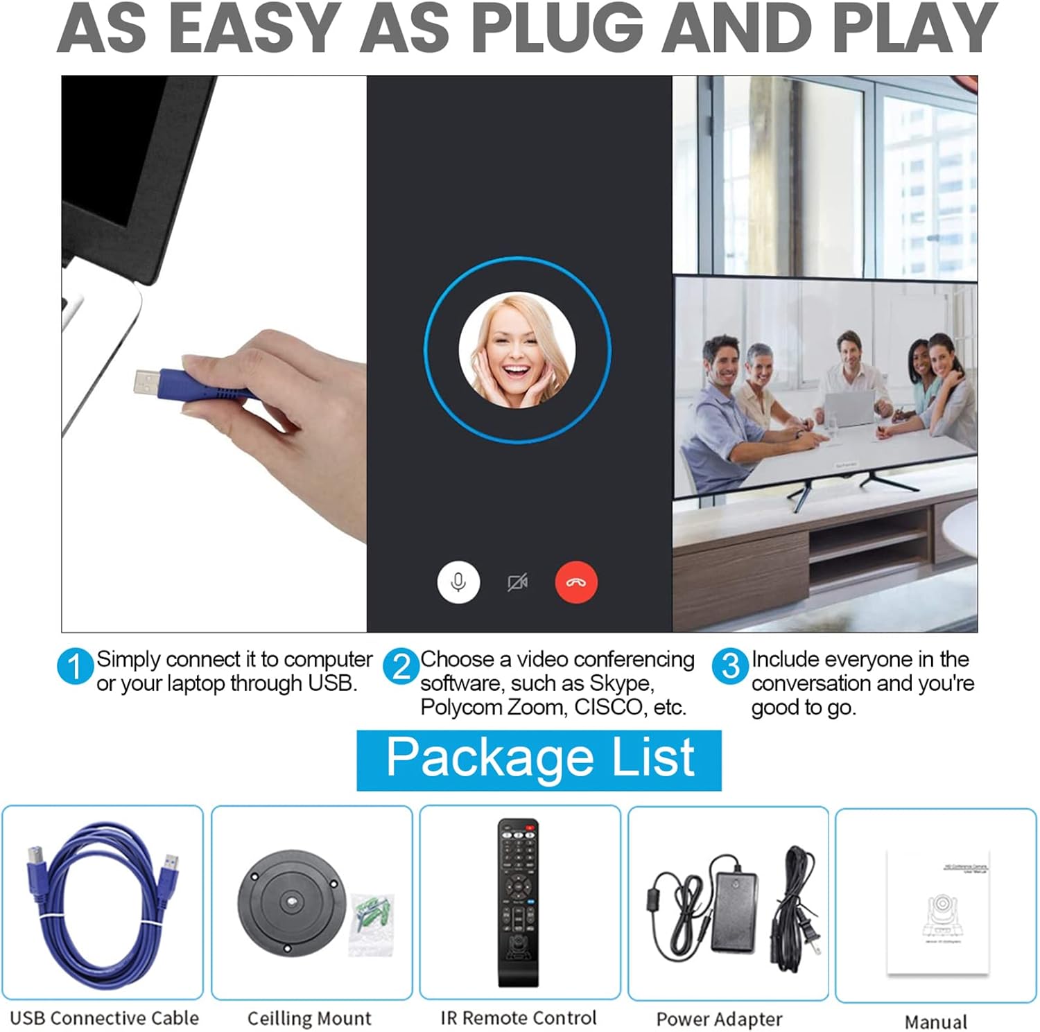 Video Conference Camera, 3X Zoom 1080P HD PTZ Camera, Wide Angle 128°Webcam USB Plug&Play with Mic and Speaker for Home Office Conference Room Church