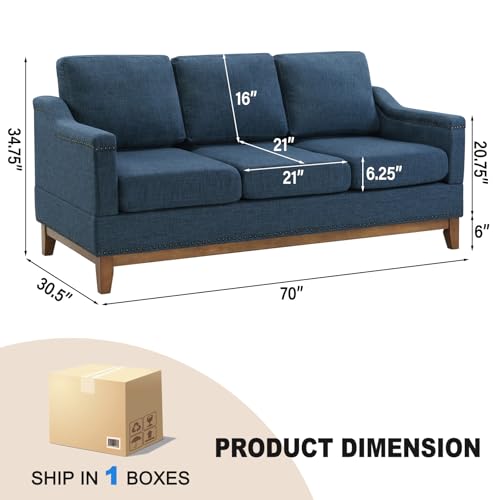 Classic 3-Seater Upholstered Sofa with Nailhead Trim, High-Density Foam Cushions & Sturdy Solid Wood Legs, Soft Fabric Couch for Living Room, Beige
