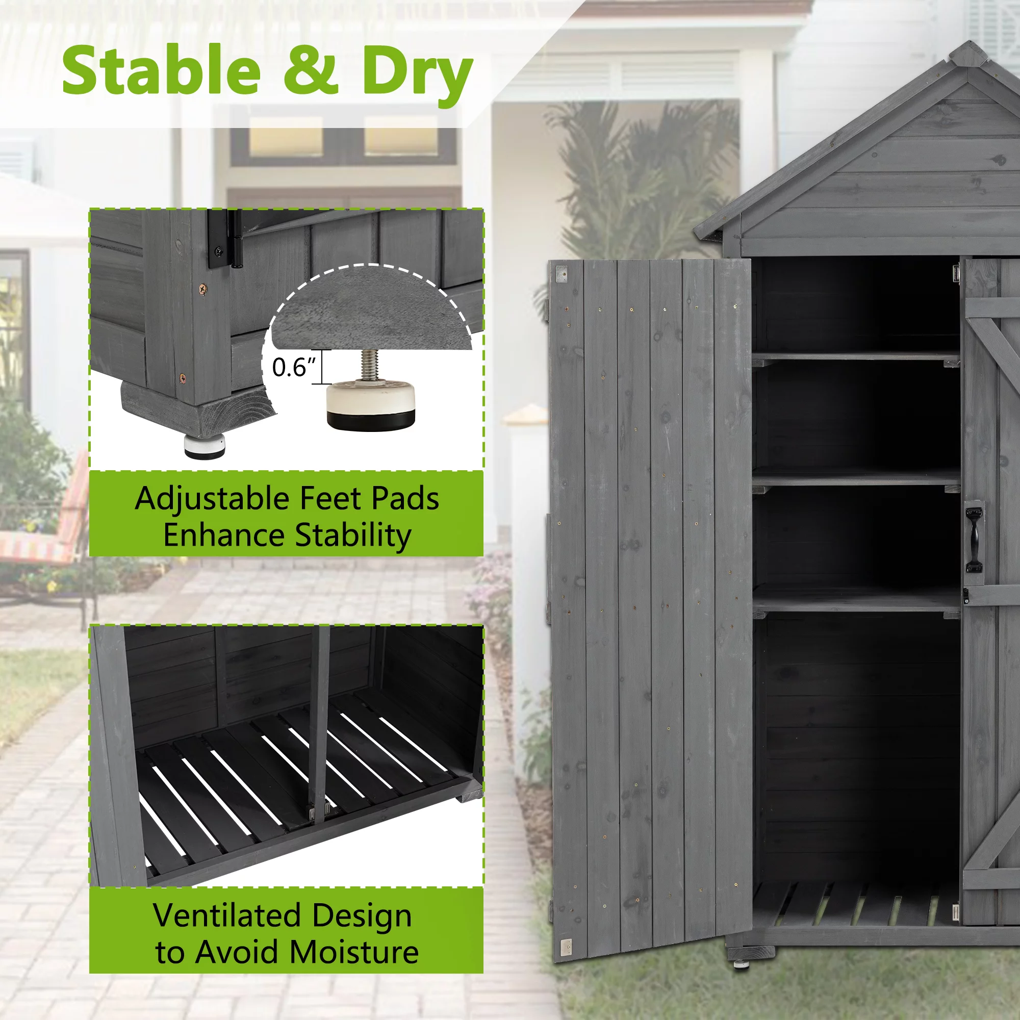Outdoor Storage Cabinet Garden Wood Tool Shed Outside Wooden Closet with Shelves and Latch
