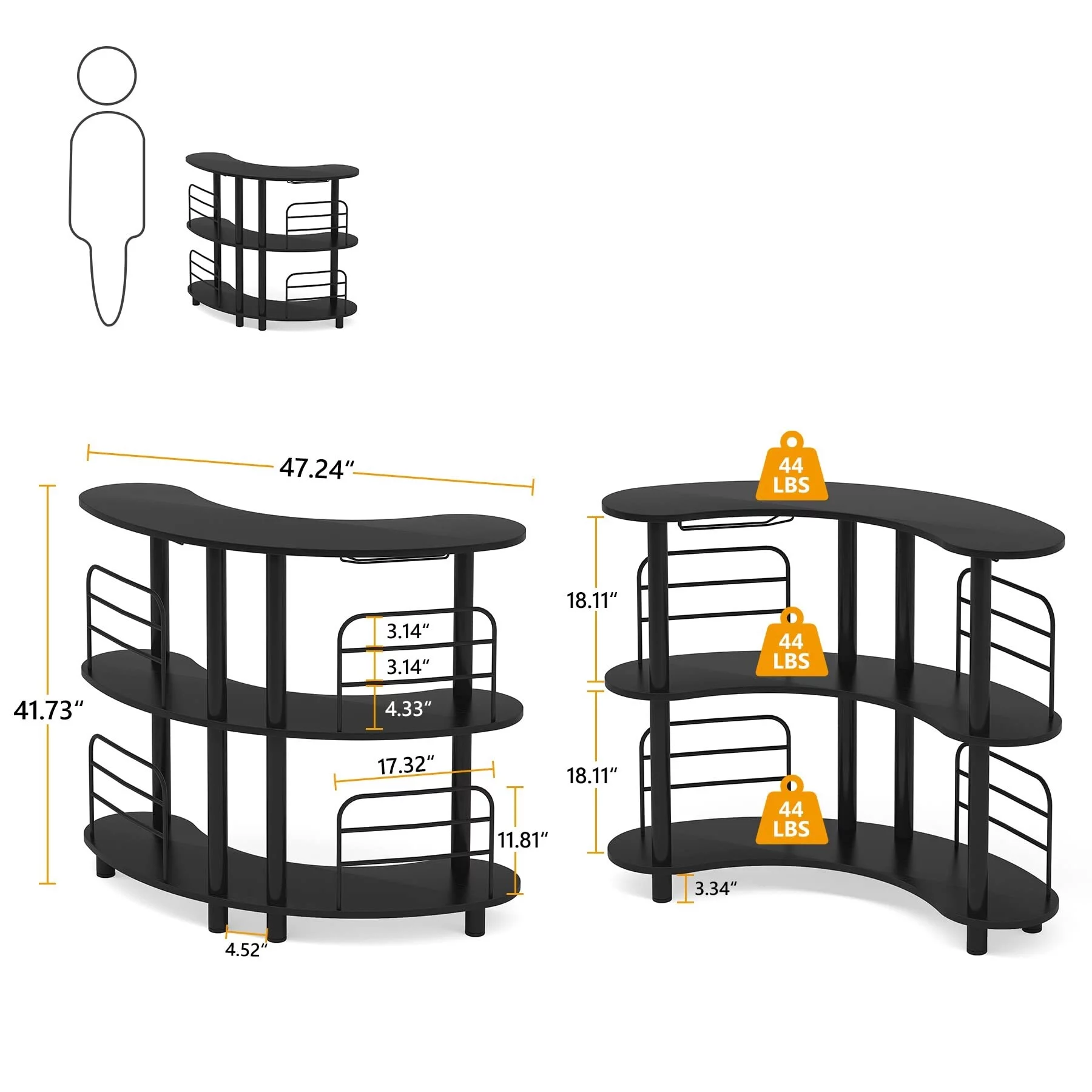 Bar Unit for Liquor, 3 Tier Bar Cabinet with Storage Shelves, Corner Bar Table with Wine Glasses Holder for Home/Kitchen/Bar/Pub Black