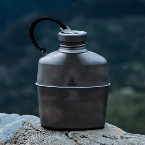 SILVERANT Camping Canteen Titanium Military Canteen Mess Kit Ultralight Camping Mug with Carry Pouch & Cup Foldable Handle -Bottle 1000ml, Cup 600ml