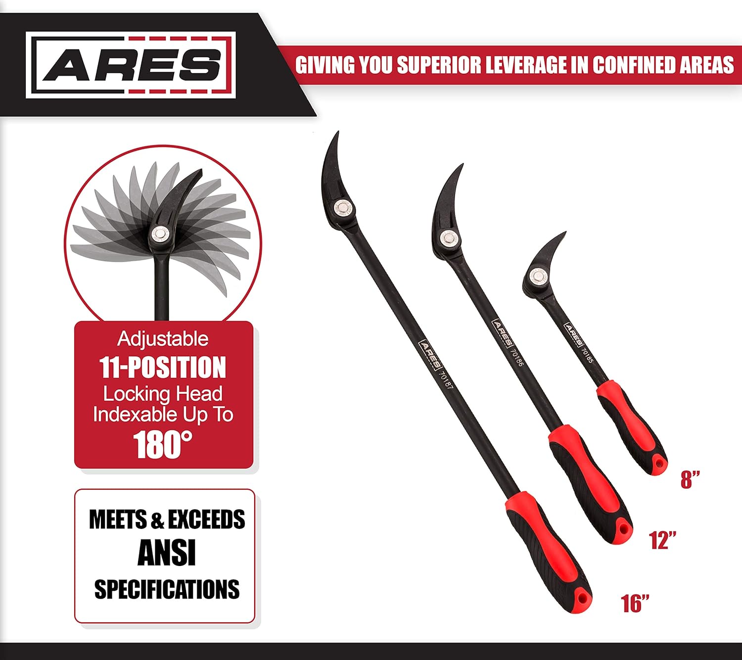 ARES 70184-3-Piece Indexable Pry Bar Set - 11-Position Adjustable Angle Pry Bars - High Strength Chrome Vanadium Steel - Includes 8-Inch, 12-Inch and 16-Inch Indexable Pry Bars Pack of 2