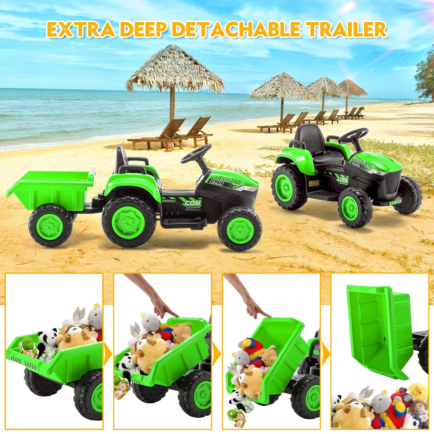 Erommy Kids Ride on Tractor with Remote Control, 12V Battery Powered Electric Tractor with 30W Dual Motors/Cool Lights/Bluetooth Music for Kids, Green