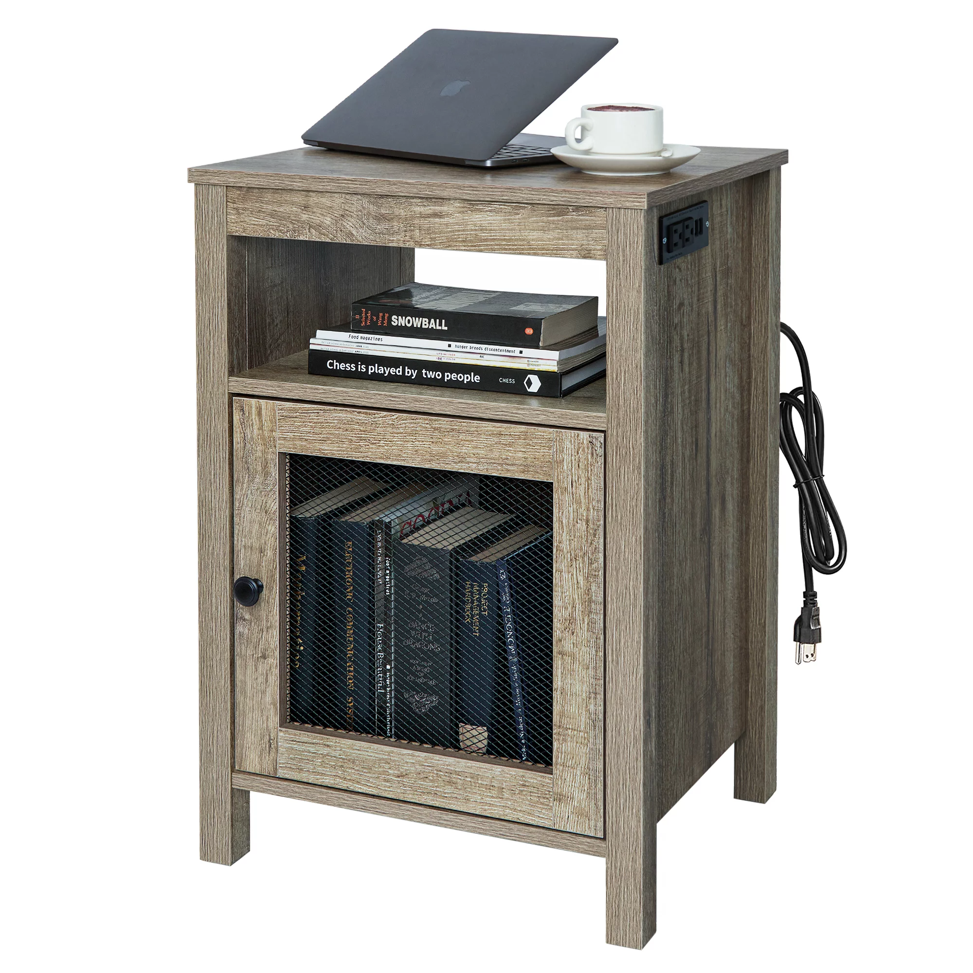 StorageWorks End Table with USB Ports & Power Outlets, Farmhouse Chairside Table with Cabinet and Open Storage Shelf, Wood Accent Table for Living Room Bedroom, Weathered Oak Grey