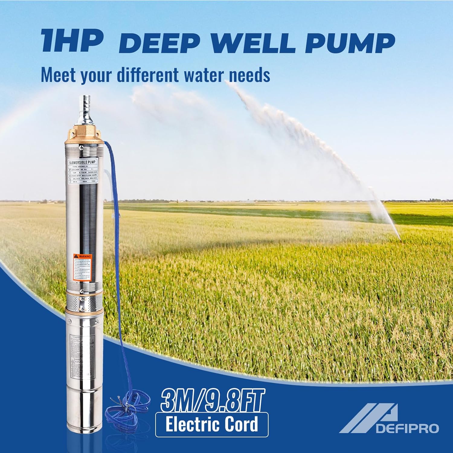 1HP Deep Well Submersible Pump, 220V/ 60HZ 0.75KW Stainless Steel Water Well Pumps for Industrial and Home Use, 1.25" Outlet Submersible Well Pump, 33GPM 207ft Head