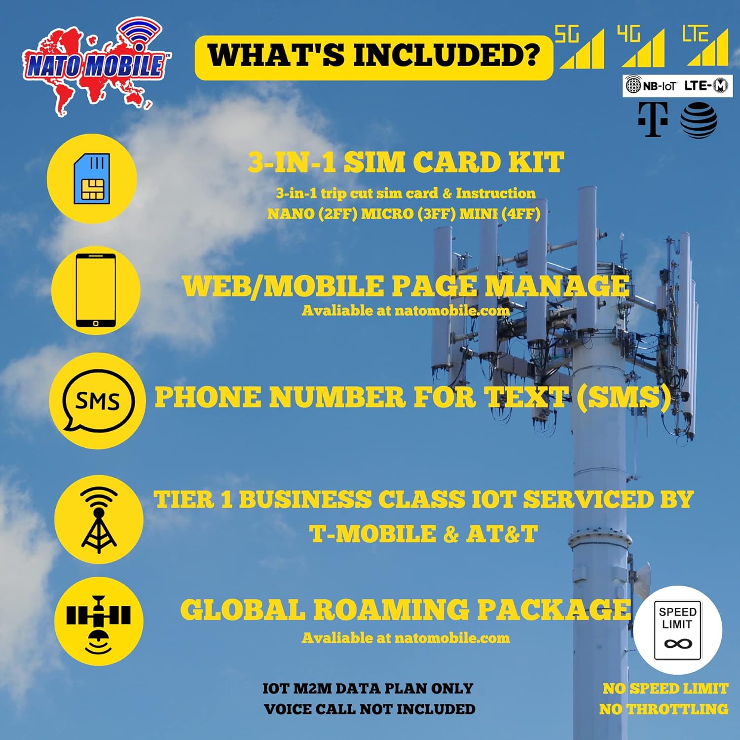 NATO Mobile Prepaid SIM Card | 5GB 180-Day 4G LTE - USA Compatible with AT&T and T-Mobile Networks for Unlocked IoT Device. 500 Text Service & Data Use Only. No Voice Call. Pack of 2
