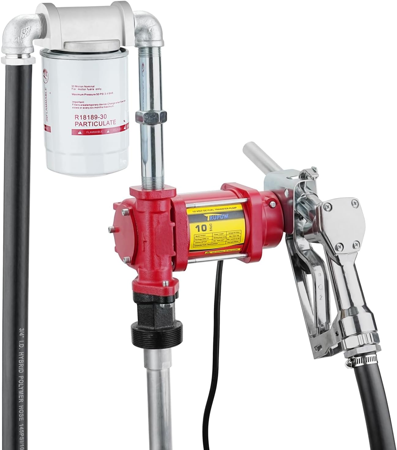 12V DC 10GPM Self-priming Gasoline Diesel Oil Fuel Transfer Explosion-proof Pump Kit with with Particulate Filter and Nozzle for Gasoline Diesel Kerosene & More