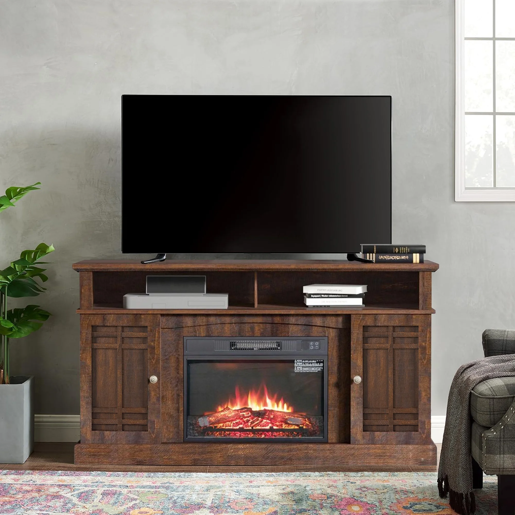Aukfa Electric Fireplace TV Stand for TVs up to 60", Wood TV Console Cabinet, Brown