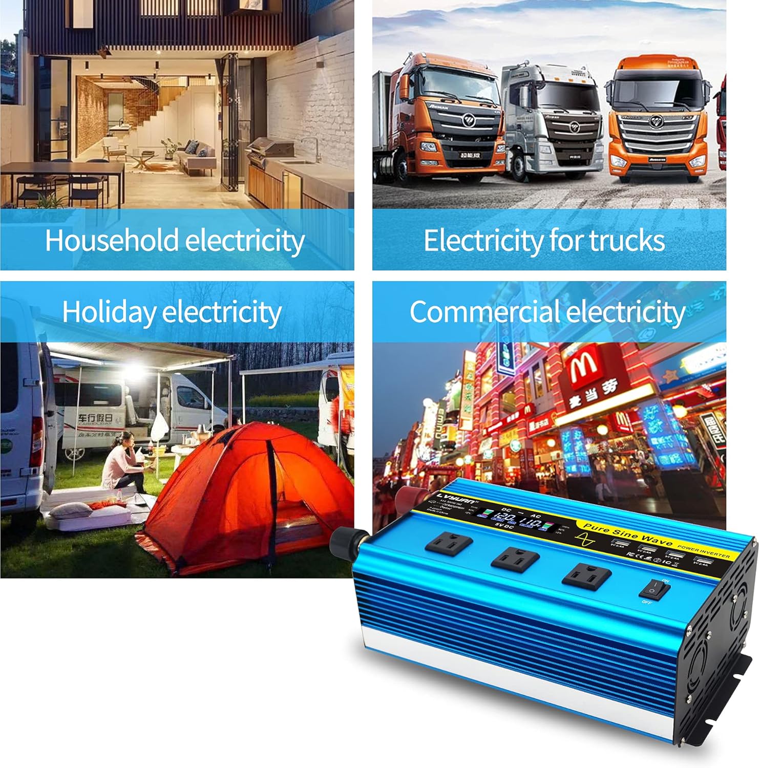 LVYUAN Pure Sine Wave Inverter 1600 Watts Inverter 12V to 110V DC to AC with Remote Controller, LCD Display 4 AC Sockets and 4 USB Ports for Car Truck Solar Power (PSW1600W-GREEN)